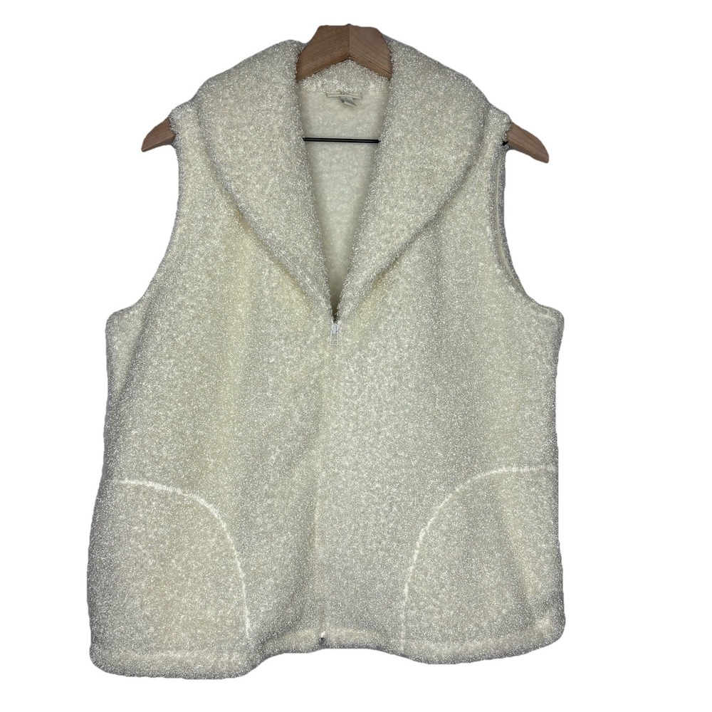 J Jill Vest Large Fuzzy Full Zip Classic Preppy Coastal Boho White Ivory Neutral